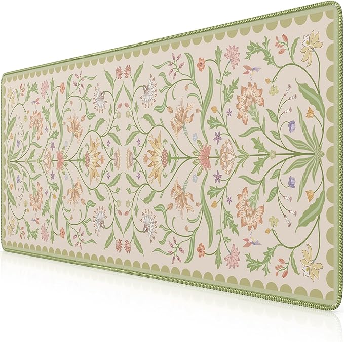 iLeadon Desk Matt for Desktop, Large Floral Stitched Edges Long Full Desk Mat for Laptop, Soft Mouse Pad for Keyboard, Green Desk Keyboard Mat for Office Home Beige/Green