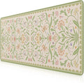 iLeadon Desk Matt for Desktop, Large Floral Stitched Edges Long Full Desk Mat for Laptop, Soft Mouse Pad for Keyboard, Green Desk Keyboard Mat for Office Home Beige/Green