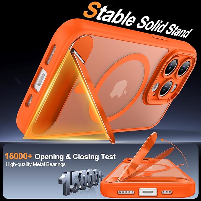 Magnetic Compatible with iPhone 15 Pro Case, [Built-in Kickstand][Full Camera Protection][Compatible with MagSafe][Anti-Fingerprint] Shockproof Phone Case for iPhone 15 Pro 6.1",Orange