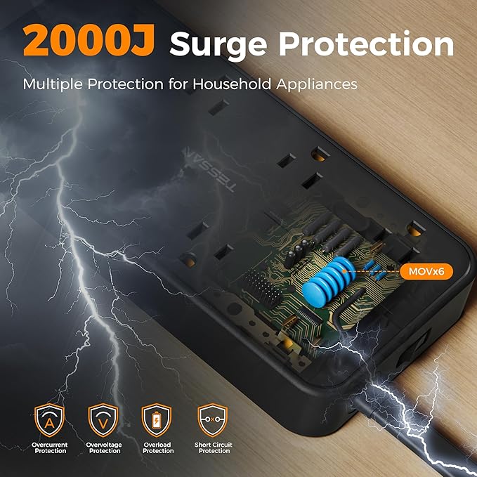 TESSAN Power Strip Surge Protector, 5FT Flat Plug Extension Cord with 8 Outlets 3 USB Charger(1 USB C), 2000 Joules Protection, Wall Mountable Charging Station for Home Office Dorm, Black