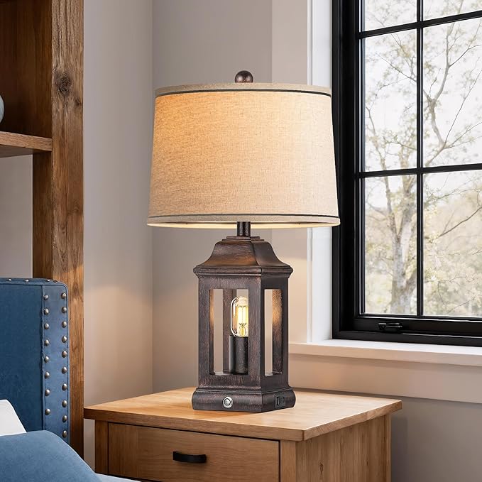 24" Rustic Farmhouse Table Lamps for Living Room Set of 2, Touch Dimmable Nightlight Vintage Bedside Lamps with USB A+C Ports & Dual Light Sources for Bedroom Nightstand End Table, Antique Black