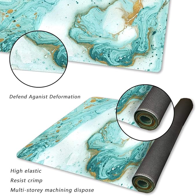 Extended Gaming Mouse Pad XXL ArtSo Large Keyboard Mat Long Mousepad Desk Decor Writing Pad Non Slip Rubber Base Stitched Edges for Work, Game, Office, Home, 35.1 x 15.7 in, Teal Turqoise Marble