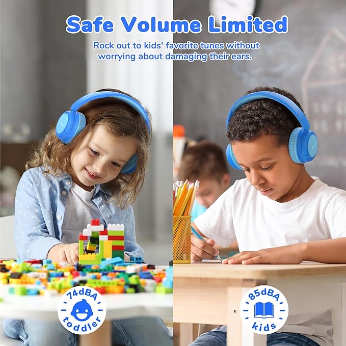 iClever BTH22 Kids Bluetooth Headphones, 60H Play Time, USB C Fast Charging, Bluetooth 5.4, AUX Cord,Safe Volume 74/85 dBA,Toddler Headphones for iPad/Tablet/Travel/School, Blue