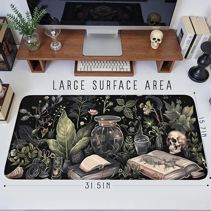 Dark Academia Desk Mat Mouse Pad XXL Extended Large Gaming Desk Pad Mousepad, Mystical Green Plant Computer Laptop Keyboard and Mouse Mat, Desktop Decor for Women Girl Office 31.5x15.7 in