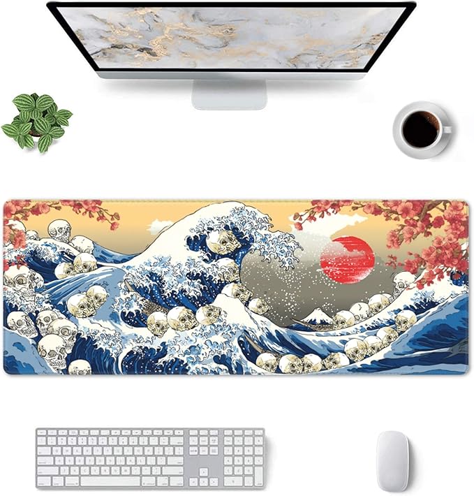 Japanese Waves Skull Mouse Pad Extended Large Gaming Mouse Pad XL Stitched Edges for Gamer Home Office 31.5 X 11.8 Inch