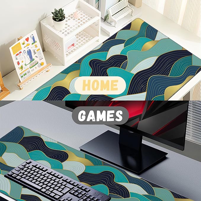 Large Mouse Pad Gold Line Wave Extended Gaming Mouse Pad Desk Mat Stitched Edges Mousepad Non-Slip Rubber Base Keyboard Pad for Laptop Computer PC 35.4 x 15.7 inches