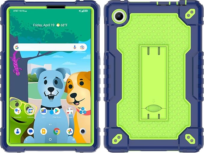 Case for for AT&T Amigo Jr. Tab 8 inch Tablet 9136K - with 2PCS Screen Protector,[Built-in Kickstand] Anti Slip Kids Friendly Shockproof Silicone Protective Cover (Navy/Green+2 PCS Glass)
