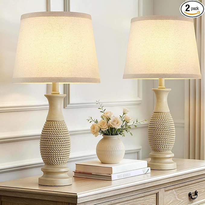 EJIAXIN Table Lamps Set of 2-21.6" Resin Farmhouse Bedside Lamps for Bedroom Living Room, Rustic Nightstand Bedroom Lamp with Rotary Switch for Night Stand End Table