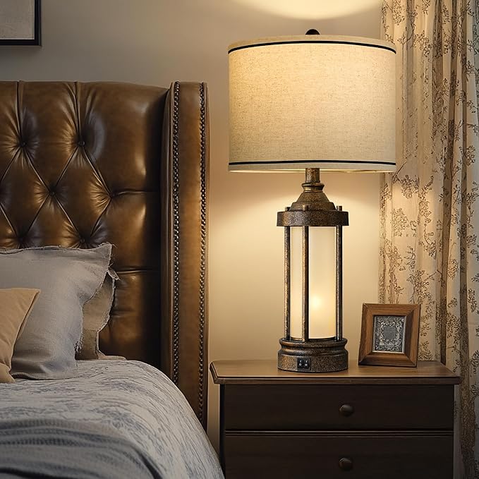 G-SAFAVA 25'' Table Lamp for Living Room Bedroom Farmhouse Metal Lamps with 2 USB Ports, Built-in Frosted Glass Night Light Vintage Industrial Nightstand Bedside End Lamp, 2 Bulbs Included, Bronze