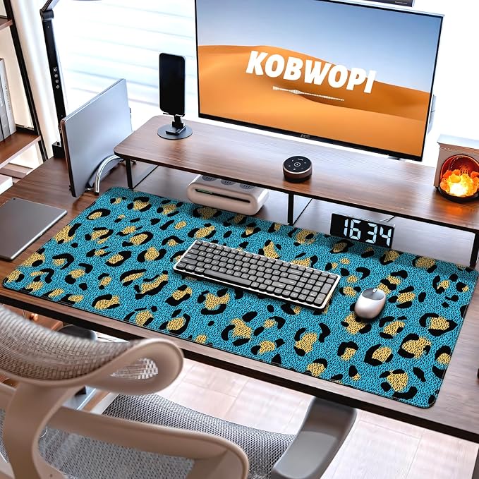 35.4 x 15.7 in, XXL Large Mouse Pad for Desk, Extended Keyboard Mouse Mat for Computer Office, Big Mouse pad with Stitched Edges, Gaming Pc-Leopard Print on Blue