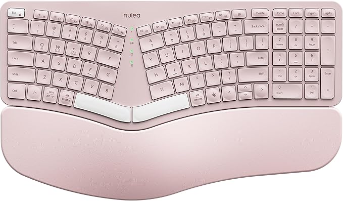 Nulea RT05 Wireless Ergonomic Keyboard, Split Keyboard with Wrist Rest, USB-C Charging, 7-Color Backlight, Natural Typing, Bluetooth and USB Connectivity, Compatible with Windows/Mac(Pink)