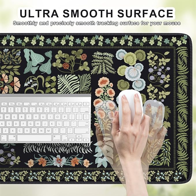 iCasso Floral Desk Pad Mat, Large Mouse Pad, Desk Matt for Desktop, Anti-Slip XXL Big Mousepad with Stitched Edges for Computer Keyboard (Black)