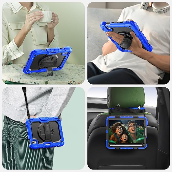 SEYMAC Case for iPad mini 7th Generation (A17 Pro) 2024/ Mini 6th Generation 8.3 Inch, Full-Body Shockproof Protective Case with Screen Protector, 360° Rotating Stand, Hand/Shoulder Strap, Blue
