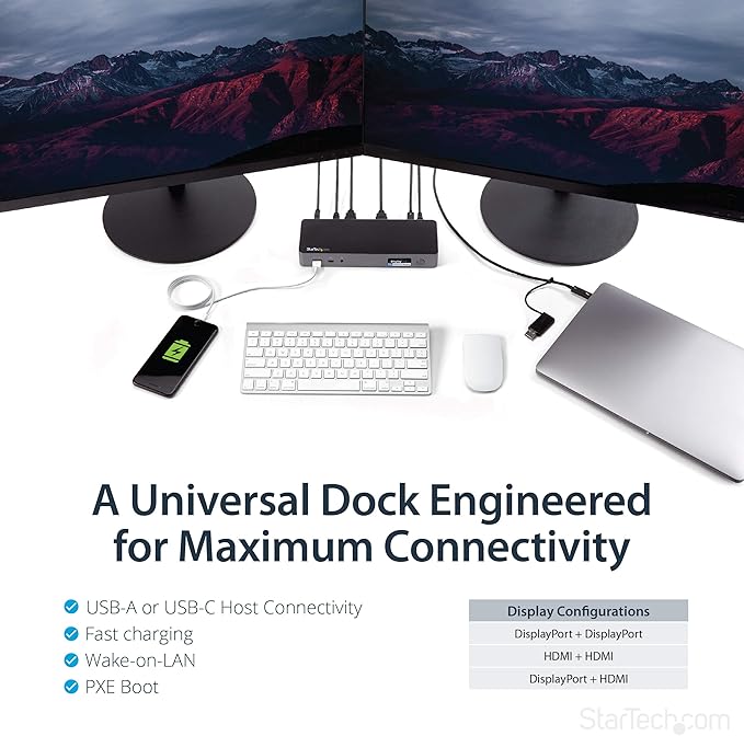 StarTech.com USB-C / USB-A Hybrid Docking Station for MacBook Pro / Air M1 M2 M3 M4 & Windows, Universal Dual 4K 60Hz HDMI DP Dock, Thunderbolt Compatible, 60W Laptop Charging