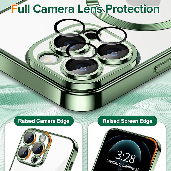 Hython Magnetic Clear for iPhone 12 Pro Case with Camera Lens Protector [Compatible with MagSafe] Luxury Plating Edge Slim Soft TPU Cover Protective Phone Case for iPhone 12 Pro 6.1", Deep Green