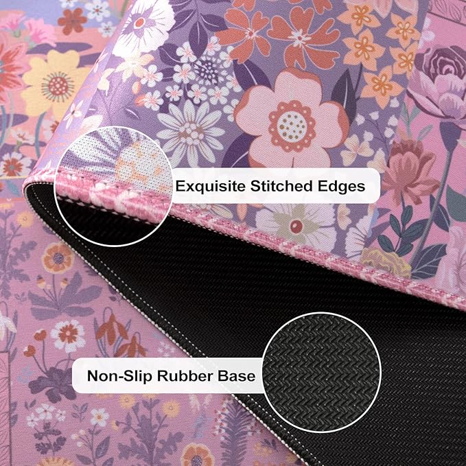 iCasso Floral Desk Pad Mat, Large Mouse Pad, Desk Matt for Desktop, Anti-Slip XXL Big Mousepad with Stitched Edges for Computer Keyboard (Rose Pink)