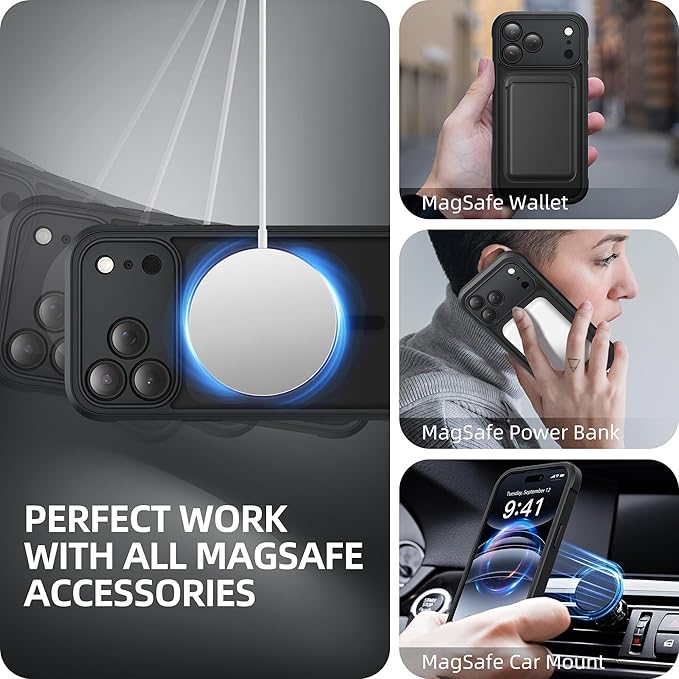 BERFY for iPhone 17 Pro Case, Compatible with MagSafe, Built-in Glass Screen Protector, Camera Protection, Shockproof Full Body Phone case 6.3", Clear Black