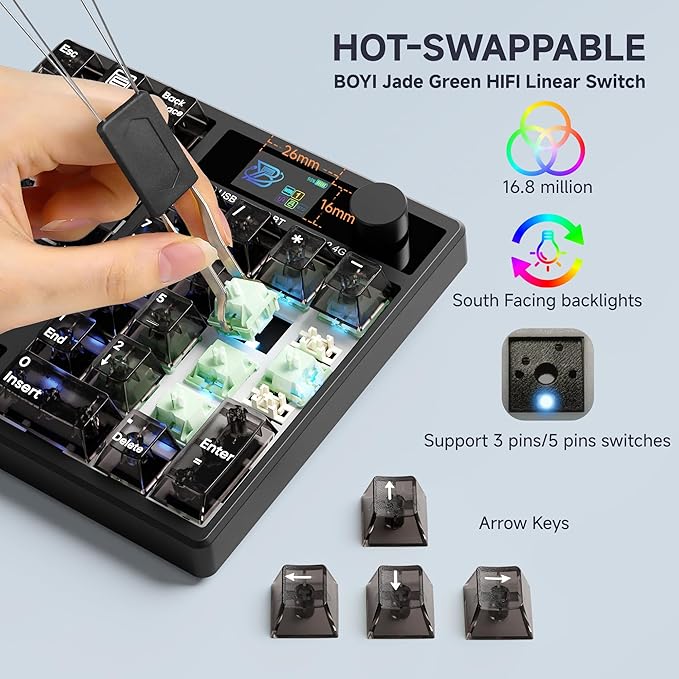 BOYI TD31Pro Gaming Keyboard,Mini Mechanical Numpad,BT5.0/2.4G/Type-C Wireless Numeric Keypad,RGB HotSwap Numpad with Screen&Knob,Gasket Macro Pad Number keypad for Win/Mac(Black Transparent)