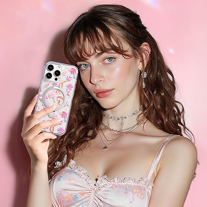 CASEKOO Floral Series [ArtCollab x Leah Han] Floral Jellyfish for iPhone 16 Pro Case with Magnetic Ring Stand [Compatible with MagSafe] [Military-Grade Protection] Clear Back, Soft Edge, for Women