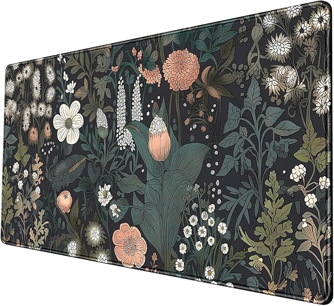 Dark Flower Desk Mat Floral Plants Mouse Pad Boho Aesthetic Wildflowers Large Gaming Mousepad Desk Pad, XXL Keyboard Mouse Mat Full Desktop Mat Women Office Desk Accessories 31.5"x15.7"