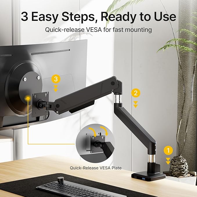 monTEK Single Monitor Arm with USB for Max 45 Inch Ultrawide Screens Adjustable Monitor Desk Mount Holds 35 Lbs Cable Management with C Clamp/Grommet Desk Mount, VESA 75/100mm