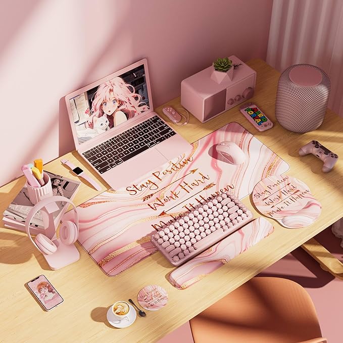 Large Mouse Pad and Keyboard Wrist Rest + Desk Mat Set,Full Long Mouse Pads for Desk Accessories with Memory Foam Gel Pink Mousepad for Women Computer Desktop Office Work-Rose Gold & Pink