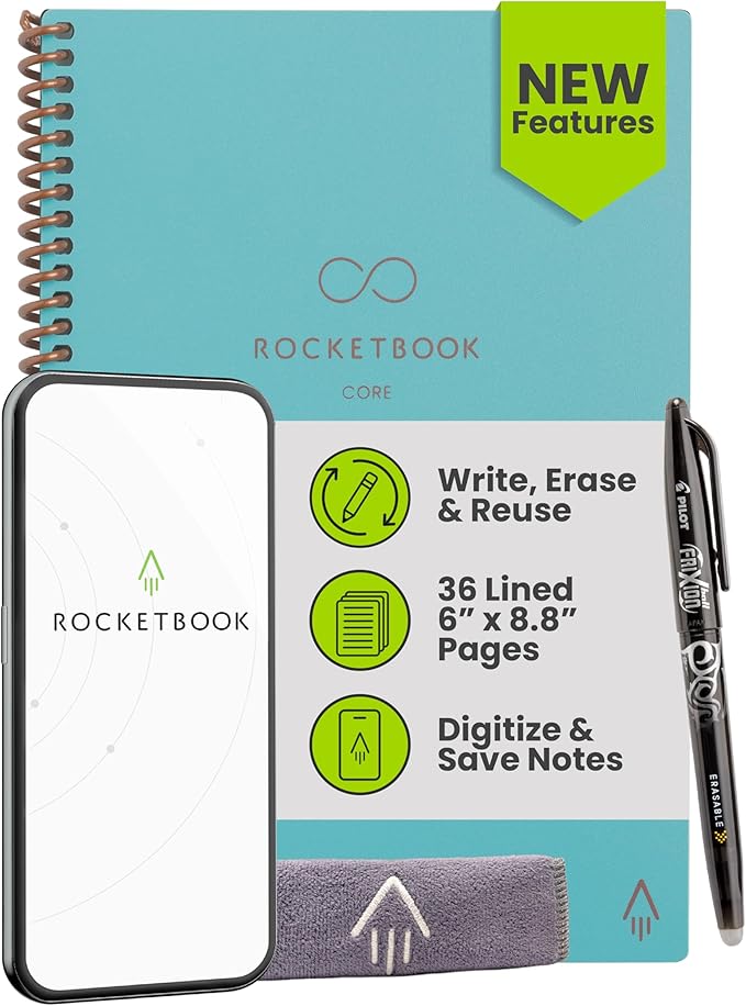 Rocketbook Core Reusable Smart Notebook, Lined Pages For School, Work and Creative Projects, Executive Size 6x8.8, Teal - Premium