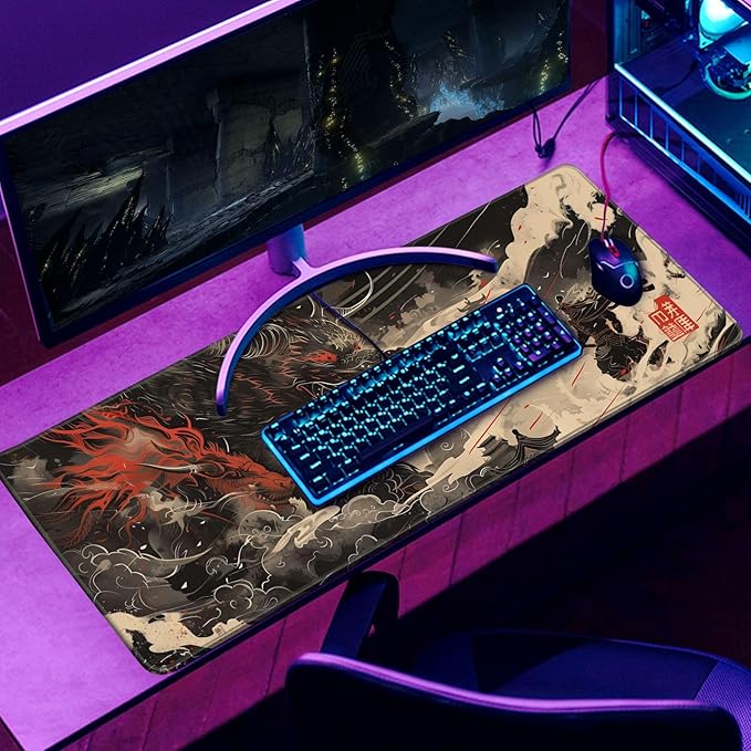 Huge Demon Large Mouse Pad Japanese Ukiyo-e Mousepad Samurai Desk Mat, Big Full Keyboard and Mouse Pad Cool Desk Pad for Keyboard Mouse with Stitched Edges Anti-Slip Funny Desk Pad, 31.5 X 11.8