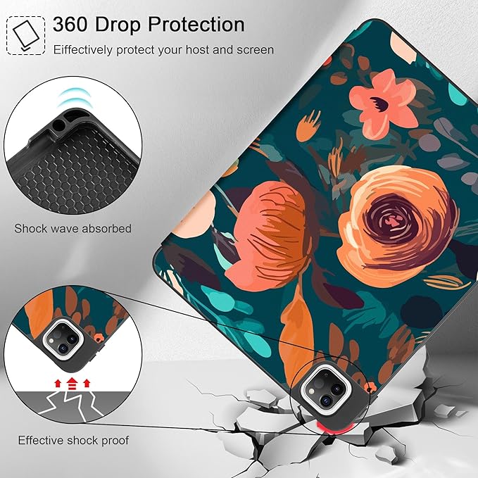 May Chen Case for iPad Pro 11 inch (4th, 3rd, 2nd & 1st Gen) 2022 2021 2020 2018, Trifold Stand + Pencil Holder + Auto Wake/Sleep + Soft TPU Protective Stand Back Cover, Abstract Florals