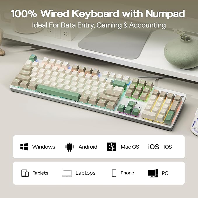 MechLands Aula S500 Wired Gaming Keyboard, 100% Full Size Mechanical Keyboard with Number Pad, 104 Keys, NKRO, RGB Backlits, Shine Through Keycaps, Ergonomic for PC E-sports (White&Green, Blue Switch)