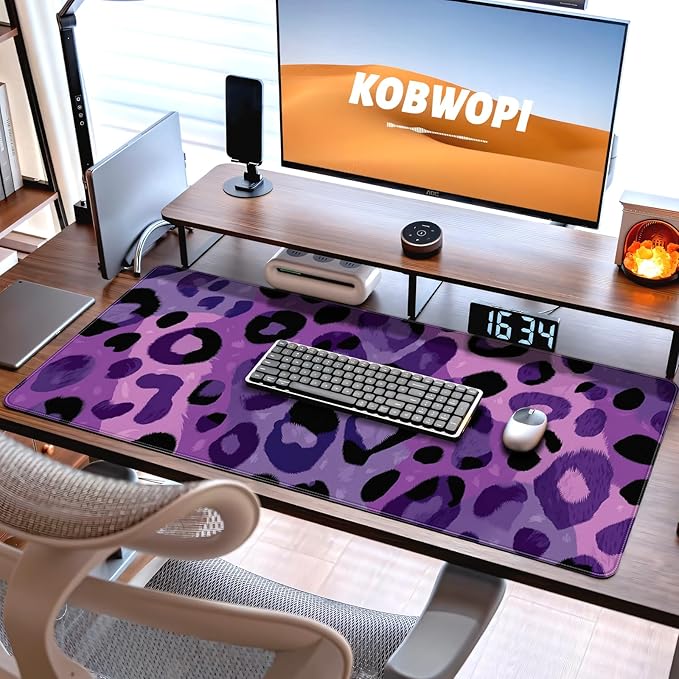 35.4 x 15.7 in, XXL Large Mouse Pad for Desk, Extended Keyboard Mouse Mat for Computer Office, Big Mouse pad with Stitched Edges, Gaming Pc-Purple Leopard Print