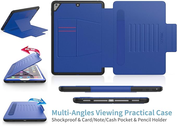 SEYMAC stock Case for iPad 6th/5th Generation/Air 2/Pro 9.7'', Strong Magnetic Auto Sleep Shockproof Case with Absorbing Multi-Angles Stand, Pen Holder, Card Slot (Blue)