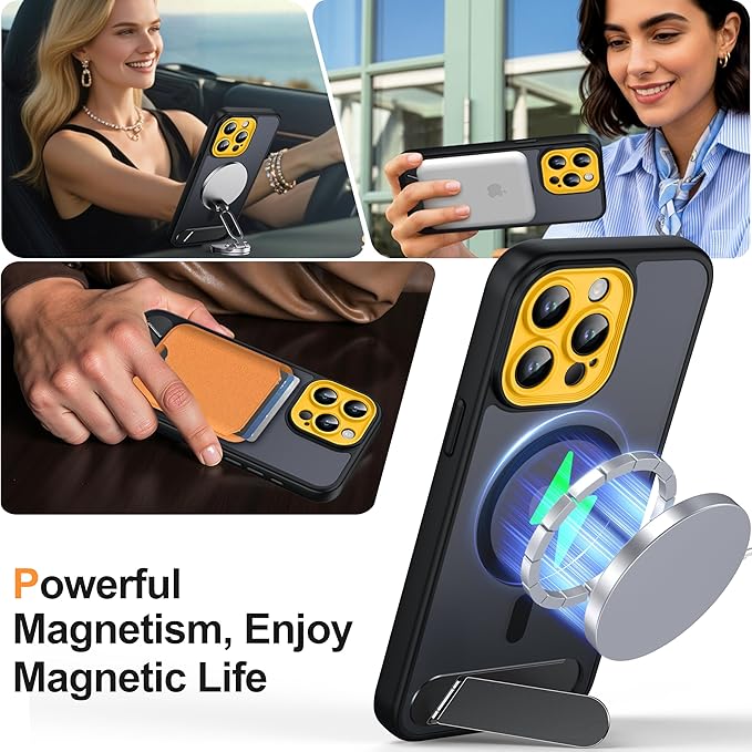 Magnetic Compatible with iPhone 15 Pro Max Case, [Built-in Kickstand][Full Camera Protection][Compatible with MagSafe][Anti-Fingerprint] Shockproof Phone Case for iPhone 15 Pro Max 6.7",Black & Yellow