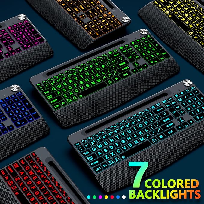 GAMCATZ Large Print Backlit Wireless Keyboard with Wrist Rest-Low-Profile,Phone/Tablet Holder,Rechargeable with Light Up Keyboard,Ergonomic Quiet Computer Keyboard for Desktop,Laptop, PC, Mac-Grey