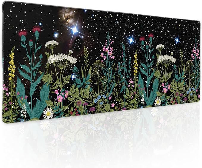 Black Aesthetic Wildflower Large Mouse Pad XL Space Galaxy Weeds Herb Cute Floral Extended Desk Mat Big 80X30 CM Non-Slip Rubber Base Stitched Edge Long Mousepad,31.5×11.8 Inch