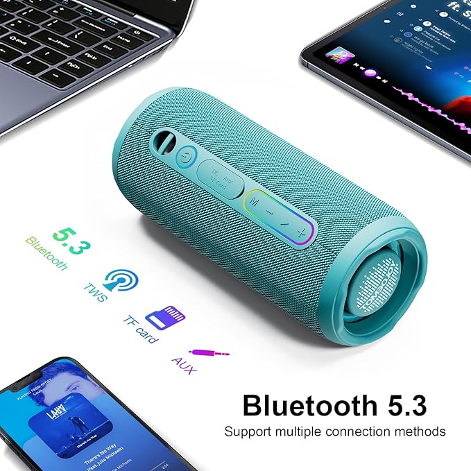 Bluetooth Bass Speaker 24W Loud Stereo Sound, Deep Bass, TWS Pairing, IPX7 Waterproof Dustproof,12H Playtime, RGB Light, Bluetooth Speakers Outdoor for Travel, Sport, Party, Biking (Teal)