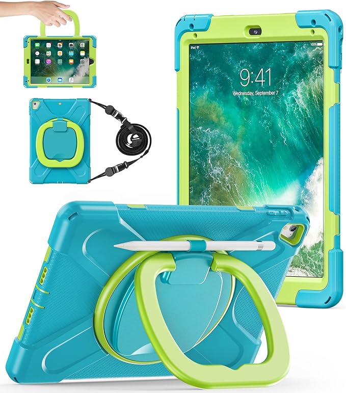 BATYUE Case for iPad 6th Generation 9.7 inch 2018, iPad 5th Gen 2017, iPad Air 2/ iPad Pro 9.7'',Shockproof Protective Cover with Pencil Holder &Rotating Bracket &Shoulder Strap (Light Blue+Lime)