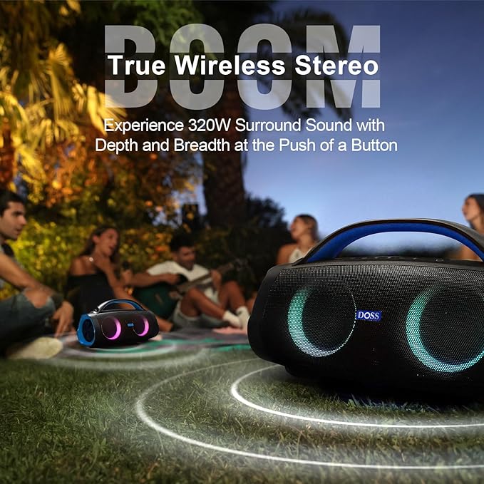 DOSS Extreme Boom Pro 100W Portable Speaker, 2+2 Channel, Deep Bass, IPX6 Waterproof, Bluetooth 5.3, 20H Playtime, Power Bank, Dynamic RGB Lights, Outdoor Speaker for Camping, Beach, Poolside - Blue