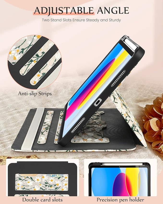 Uppuppy for iPad 10th Generation Case, for iPad (A16) 11th Generation Case - Women Girls Cute Embroidered Folio Stand Cover with Pencil Holder & Card Slot Girly Kawaii Daisy Flowers Aesthetic Cases
