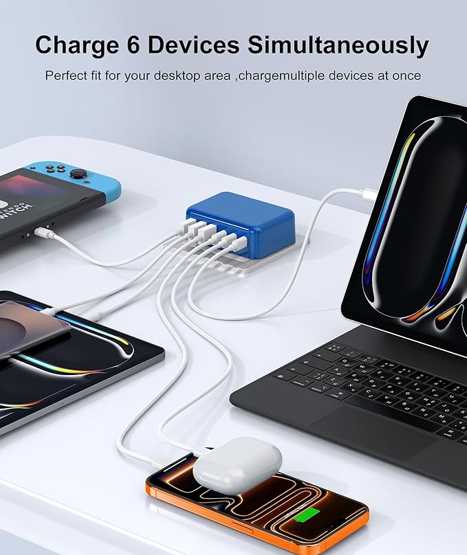 Fast Charger Block USB C, GaN 6 Port Charging Station Hub Cube, 100W Multiport Type C Wall Charger Power Strip Plug with PD 3.0+QC for iPhone 16 15 14 13 12 1 Pro Max XR XS 8 7, Samsung, iPad, Table
