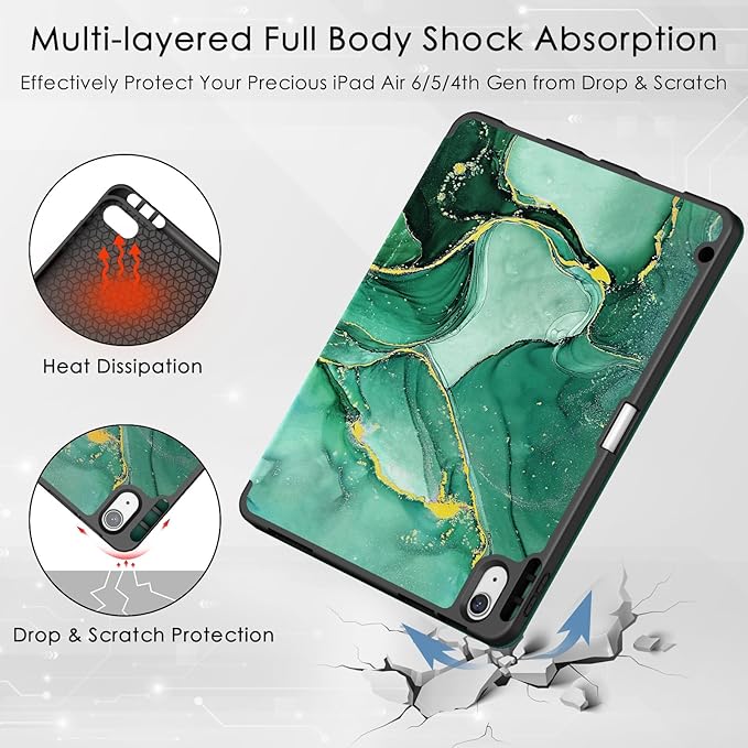 Soke Case for New iPad Air 11 Inch (M4/M3/M2, 2026-2024), iPad Air 5th/4th Generation 10.9 Inch (2020-2022) with Pencil Holder, Soft TPU Back Cover & Auto Sleep/Wake, Green Marble