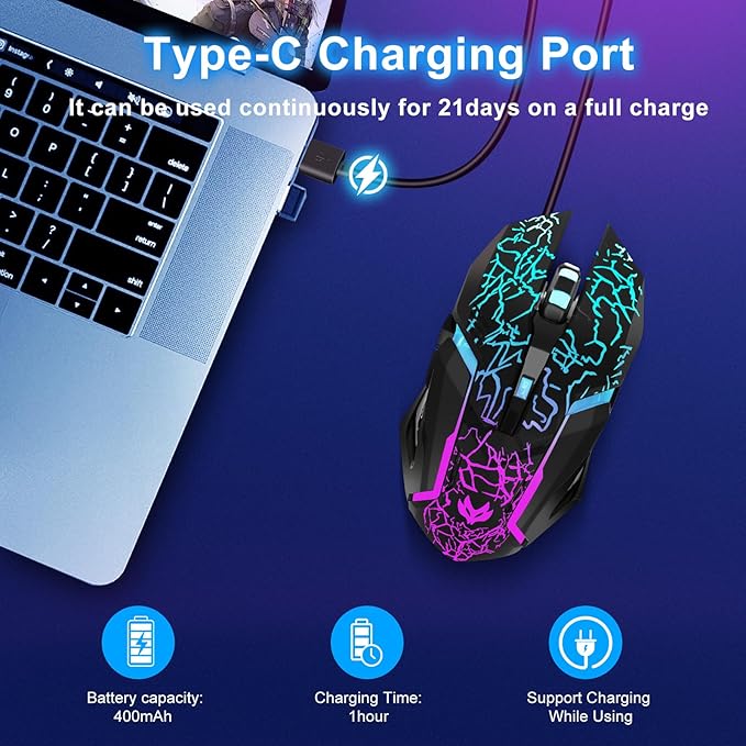 Wireless Gaming Mouse, Rechargeable Wireless Computer Mouse with Type-C Fast Charging, Ergonomic Mouse with 3 Adjustable DPI, 6 Silent Buttons, LED Light, Long Battery Life for Laptop, PC, Mac