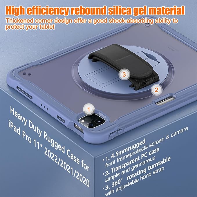 Batianda Case for iPad Pro 11-inch 2022 4th M2 Chip /2021 (3rd Generation) Heavy Duty Rugged Shockproof Tablet Cover with 360° Rotating Hand Strap Foldable Hidden Stand & Shoulder Strap, Lavender