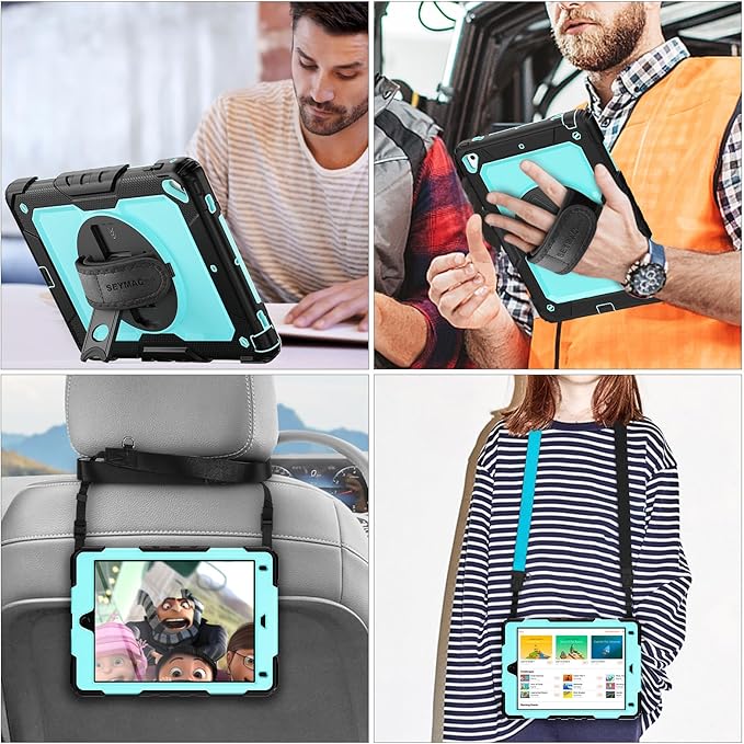 SEYMAC stock Case for iPad 6th / 5th Generation Case/Air 2 / Pro 9.7 inch, Heavy Duty Protective with Screen Protector, with Pencil Holder, Hand Strap, Shoulder Strap, 360 Rotate Stand, SkyBlue+Black
