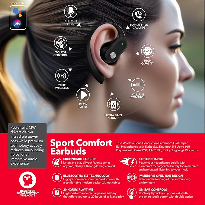 RCA Wireless Earbuds Bluetooth 5.3 Headphones Sport Sweat Resistant Sports Earphones with Earhooks,48H Playtime,Lightweight 7.8g,Fast Charging Case,Noise Cancelling Mic for Running Gym Workout-Black