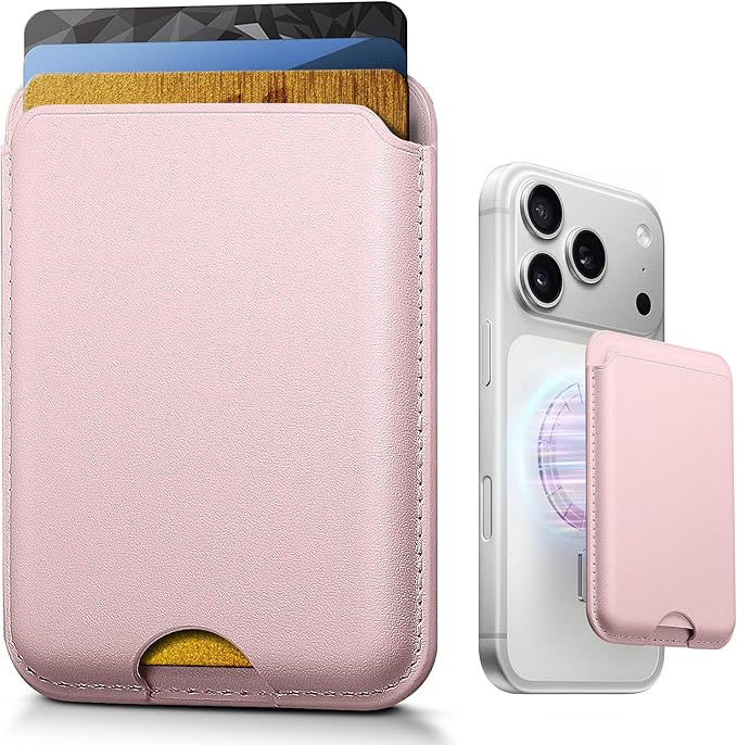 Stronger Magnetic Wallet for iPhone 17/16/15/14/13/12 Series & for MagSafe-compatible Cases, Slim Leather Magnetic Card Holder with RFID Blocking, N52 Magnet Phone Wallet, Fit 3 Cards, Pink