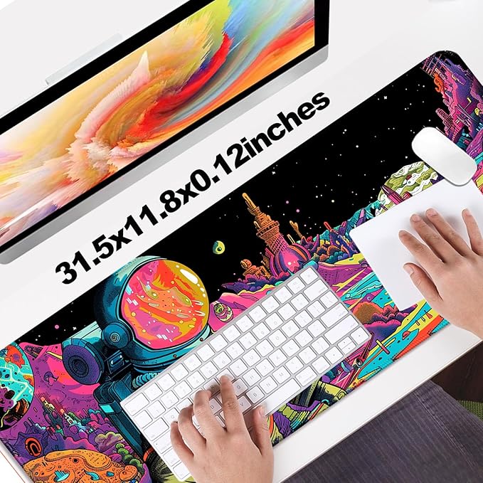 Fantasy Planet Space Gaming Desk Mat, Computer Keyboard Large Extended Astronaut Mouse Pad for Office and Home, 31.5×11.8 Inches, XL