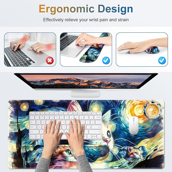 Large Gaming Mouse Pad Set, 4 in 1 Ergonomics Keyboard Desk Mat Memory Foam Wrist Rest, Computer PC Extended Game Mousepad, Non-Slip Desk Matt Easy Typing Pain Relief I Starry Night Art Cat