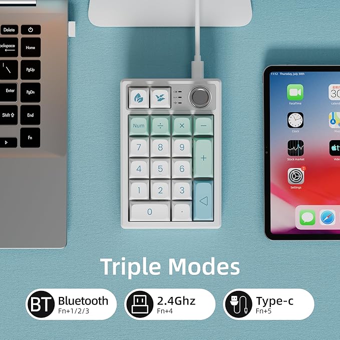 Mechanical Numpad Gasket Mounted with Creamy Sound, Bluetooth/2.4G/USB-C, Programmable Macro Numeric Keypad Rechargeable Number Pad Hot Swappable RGB Backlit Metal Knob for Win/Mac, Mint