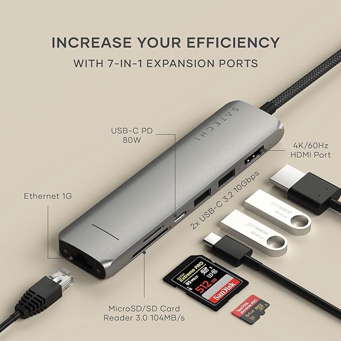 Satechi 7 in 1 USB C Hub Multiport Adapter with Ethernet, HDMI 4K@60Hz, 100W PD Charging, 2X USB-A Data Ports, Micro/SD Card Readers for MacBook Air/Pro/Neo, iPad Air/Pro, Windows - Space Gray